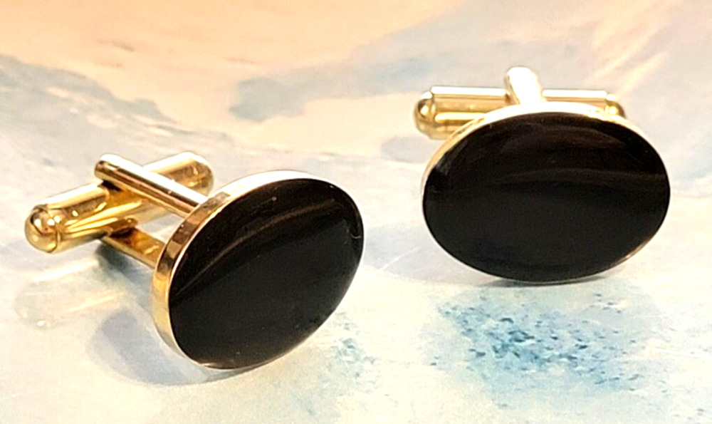 Vintage Black Lucite & Gold-tone Cufflinks Cuff Links Oval Man's cl-